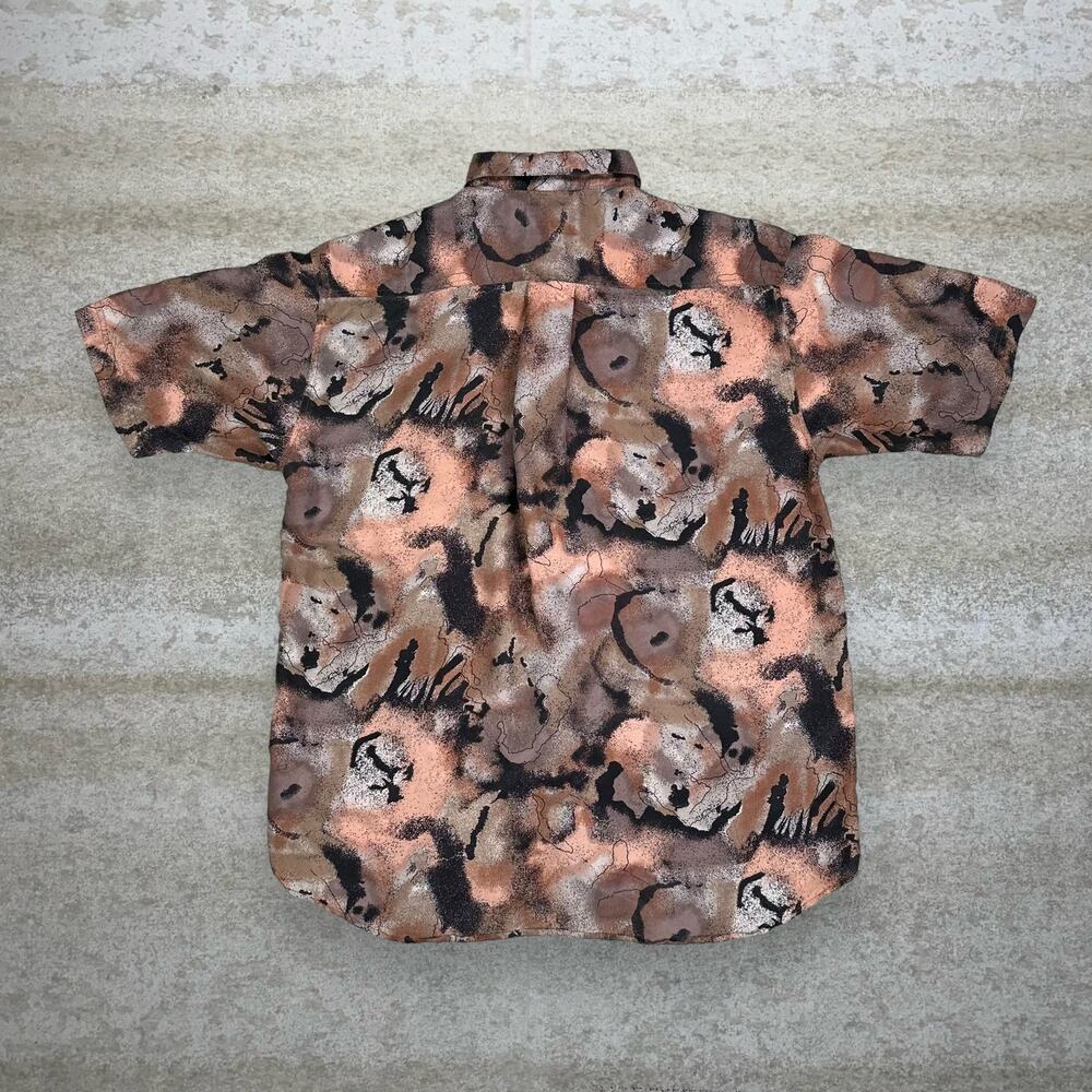 Vintage 90s Camo Shirt Mens M Pink Black Brown Button Up Collared 100% Silk One - Picture 2 of 3